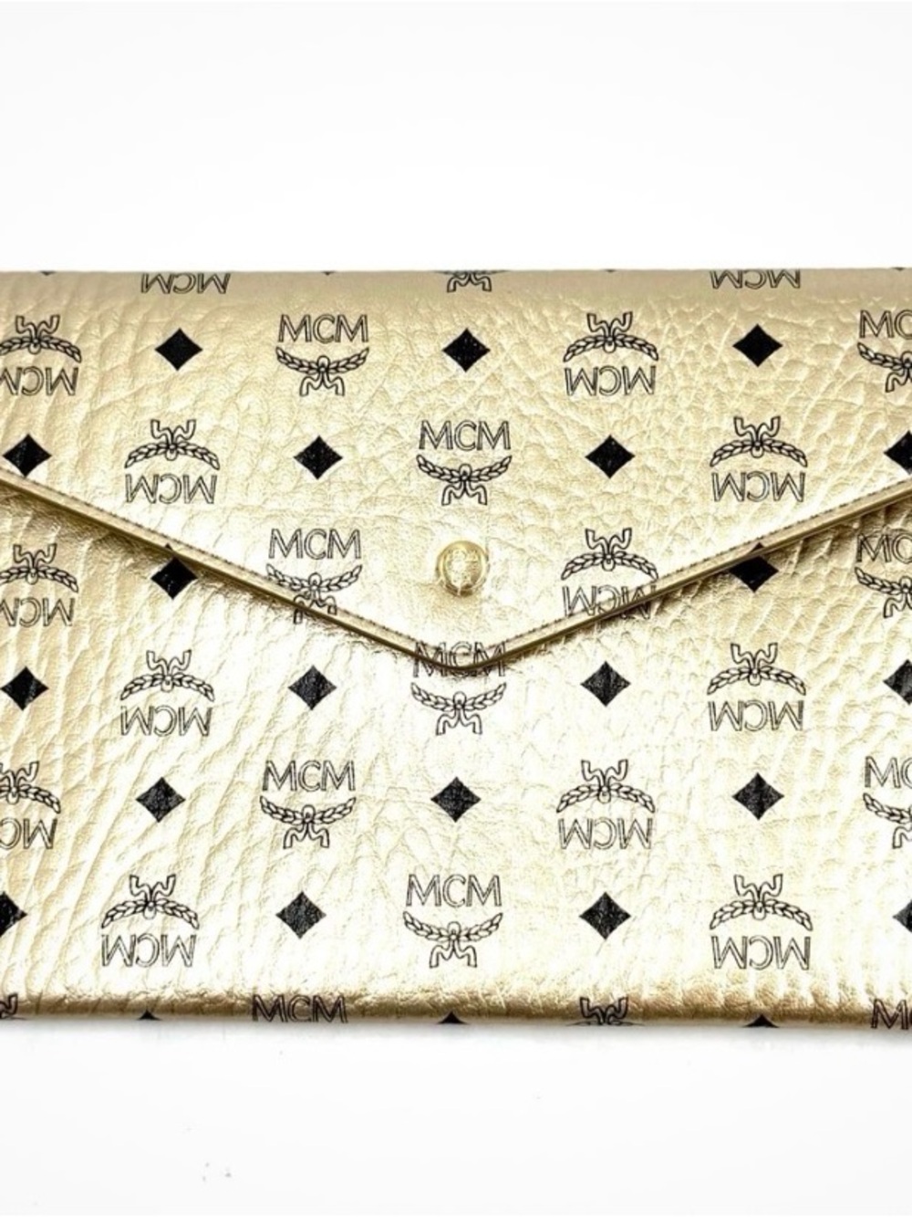 MCM Metallic Gold Monogram Envelope Clutch